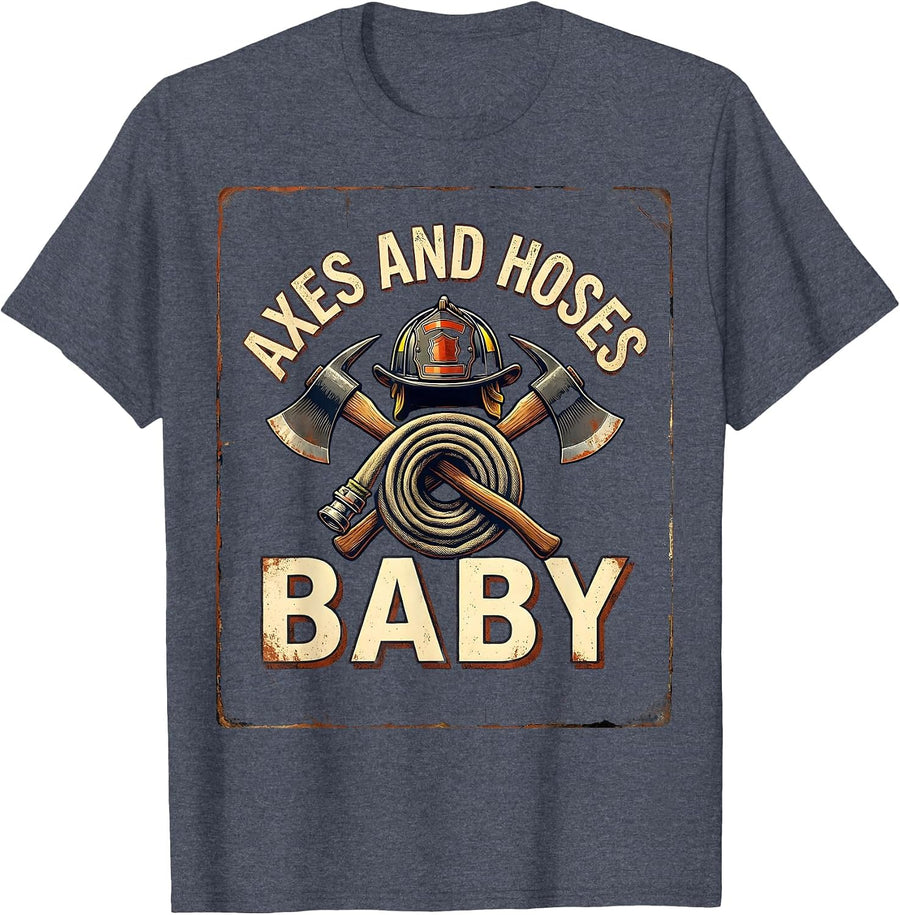 Axes and Hoses Baby Firefighter Design T-Shirt - Heather Blue