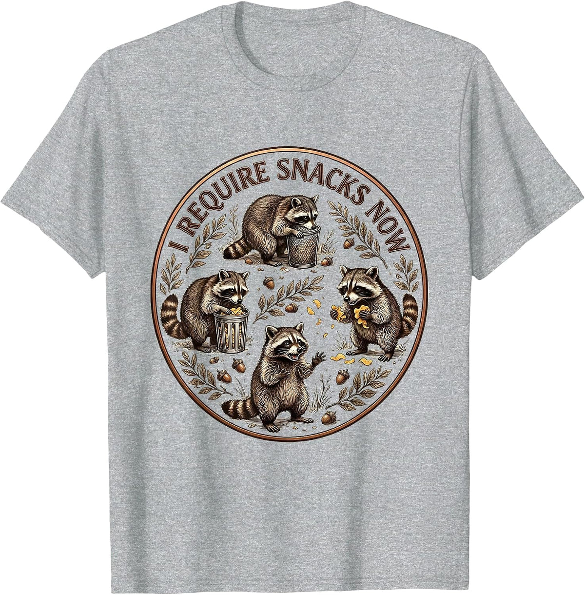 Men's I Require Snacks Now Funny Raccoon Design T-Shirt - Heather Grey