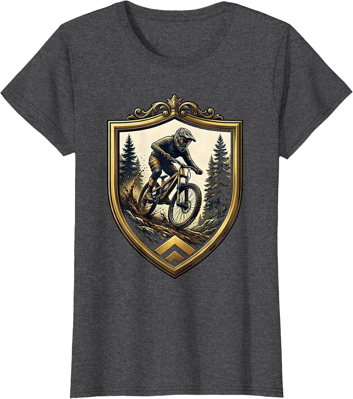 Women's Downhill Mountain Biker Muddy Forest Trail Graphic T-Shirt - Dark Heather Grey