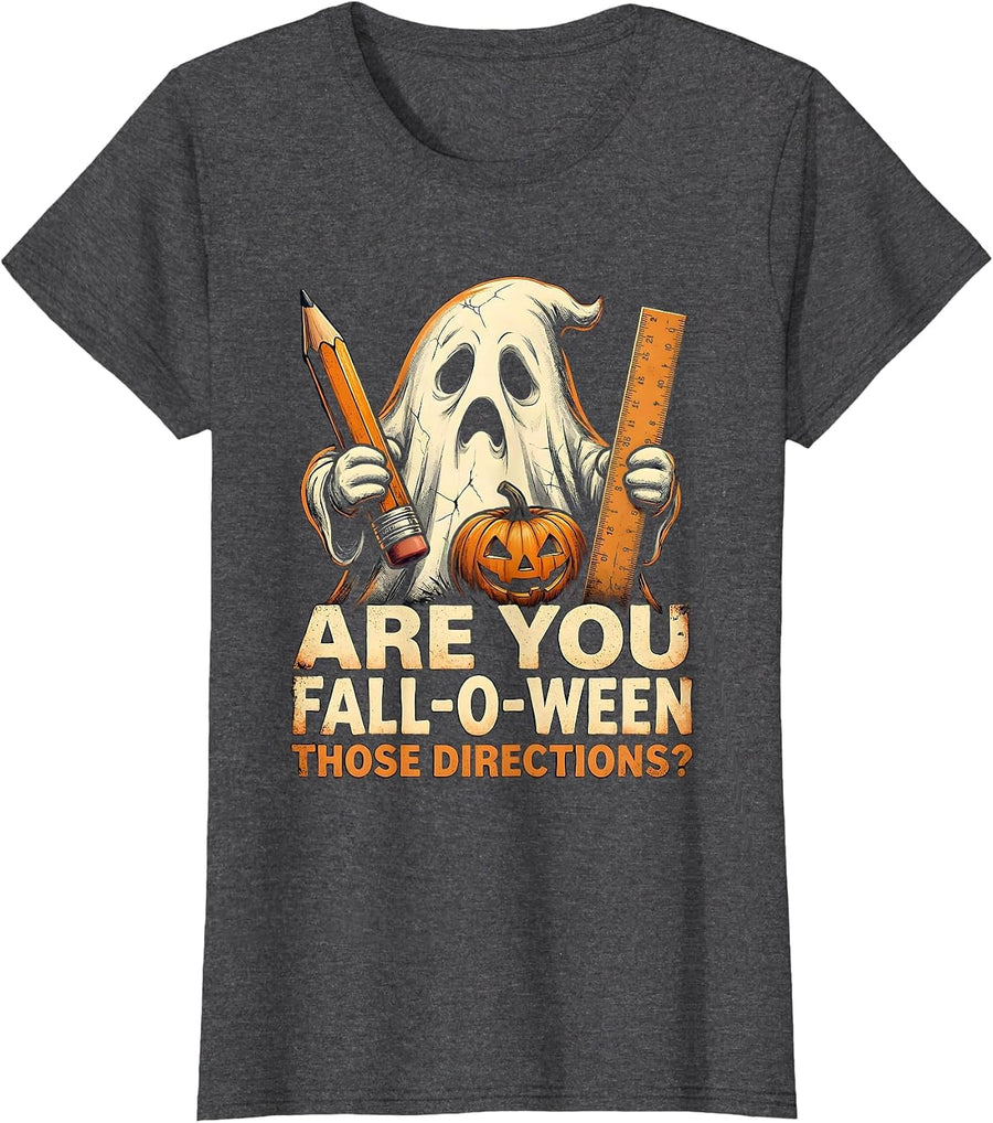 Women's Are You Fall-O-Ween Those Directions Distressed Teacher T-Shirt - Dark Heather Grey