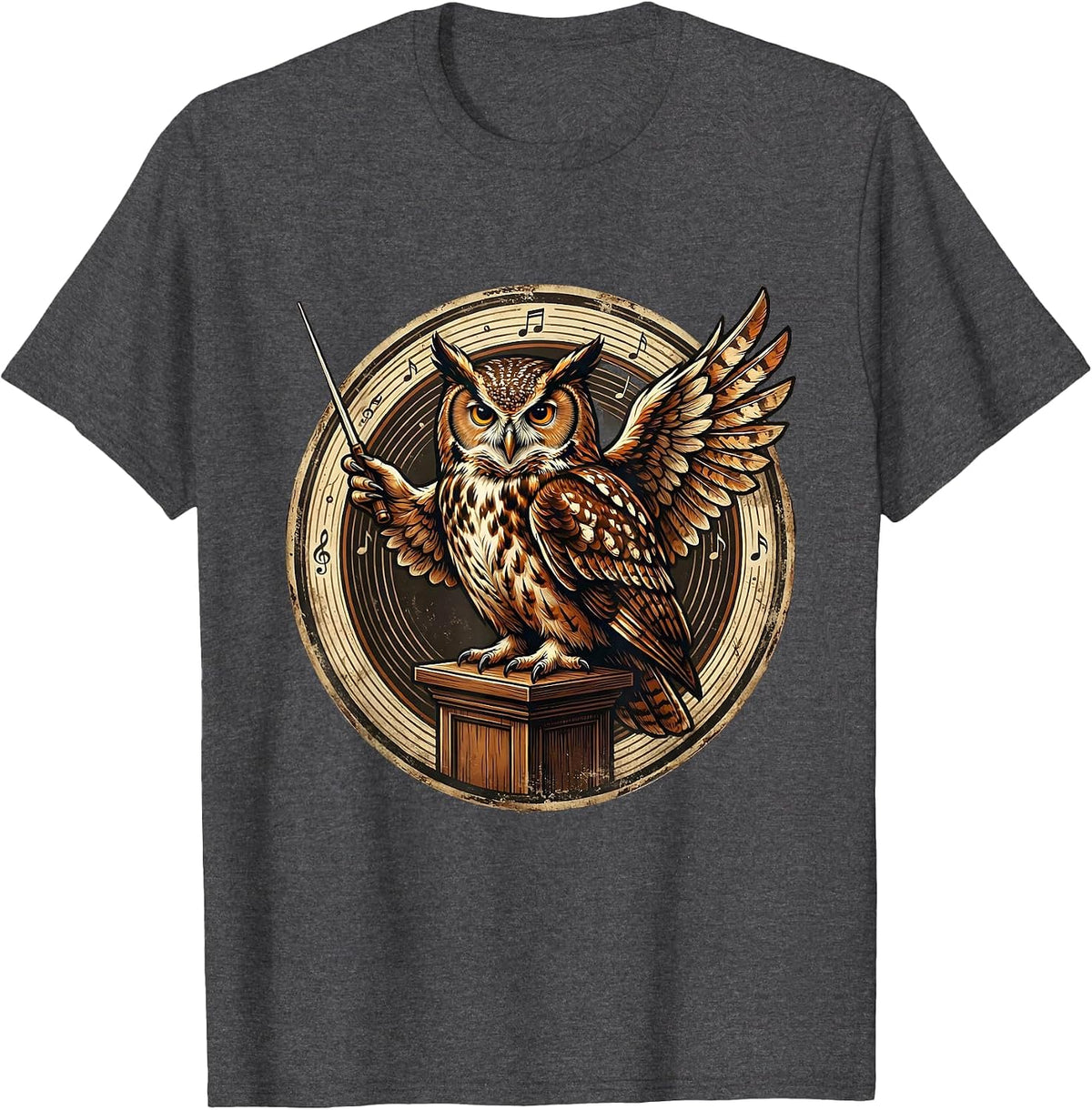 Owl Conductor Music Teacher Baton Podium Design T-Shirt - Dark Heather Grey