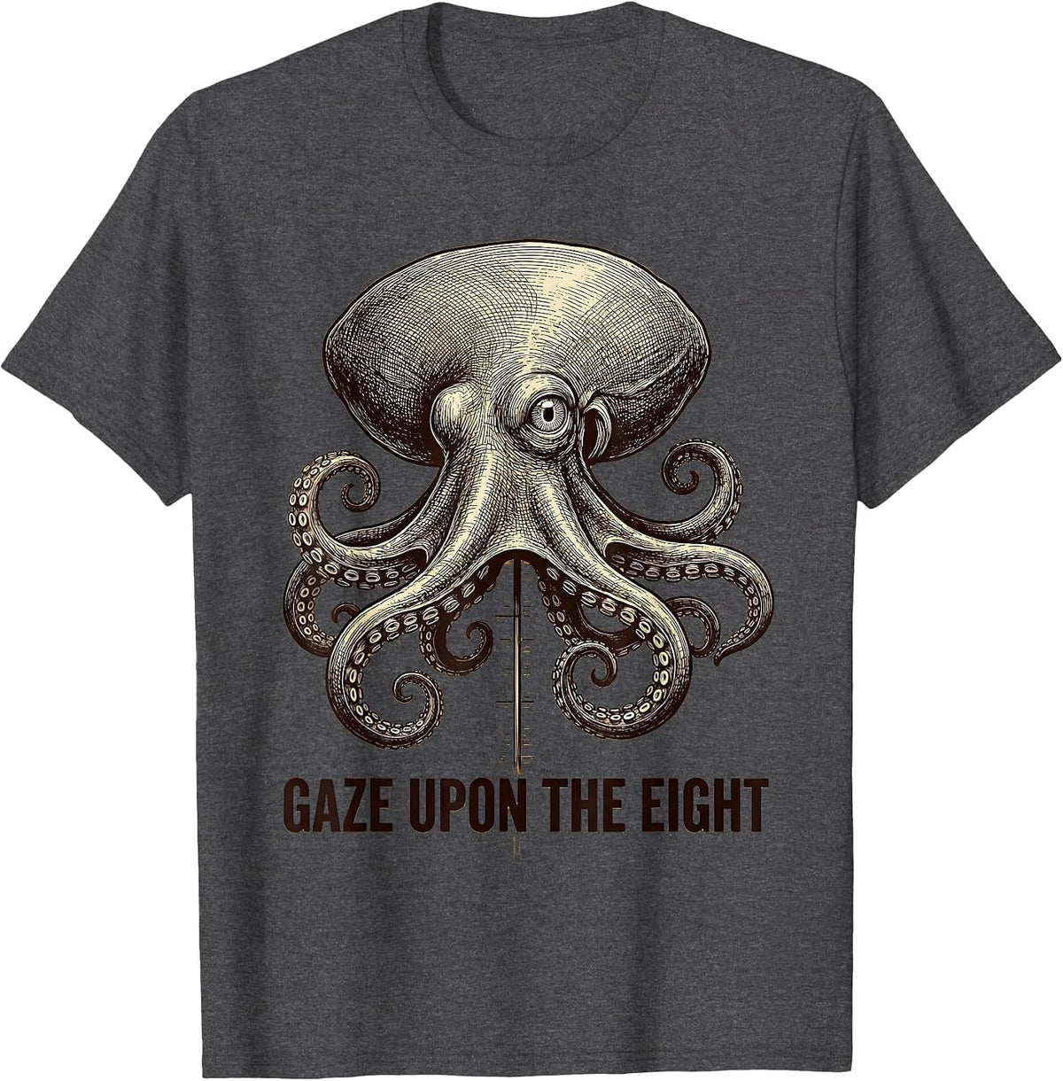 Men's Gaze Upon The Eight Crosshatch Octopus Lover Sea Creature T-Shirt - Dark Heather Grey