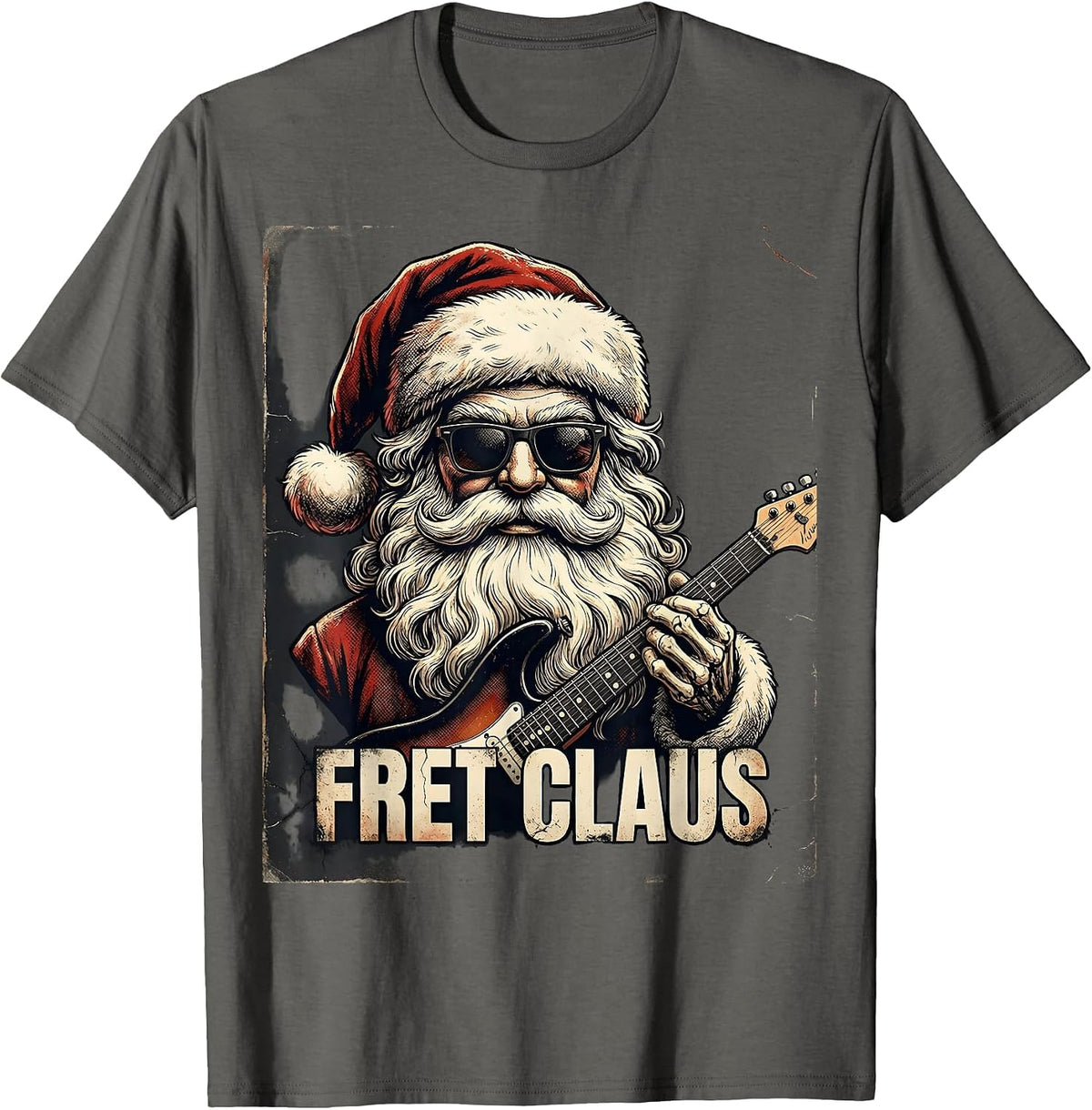 Fret Claus Distressed Heavy Metal Rock Christmas Humor T-Shirt - Asphalt Grey