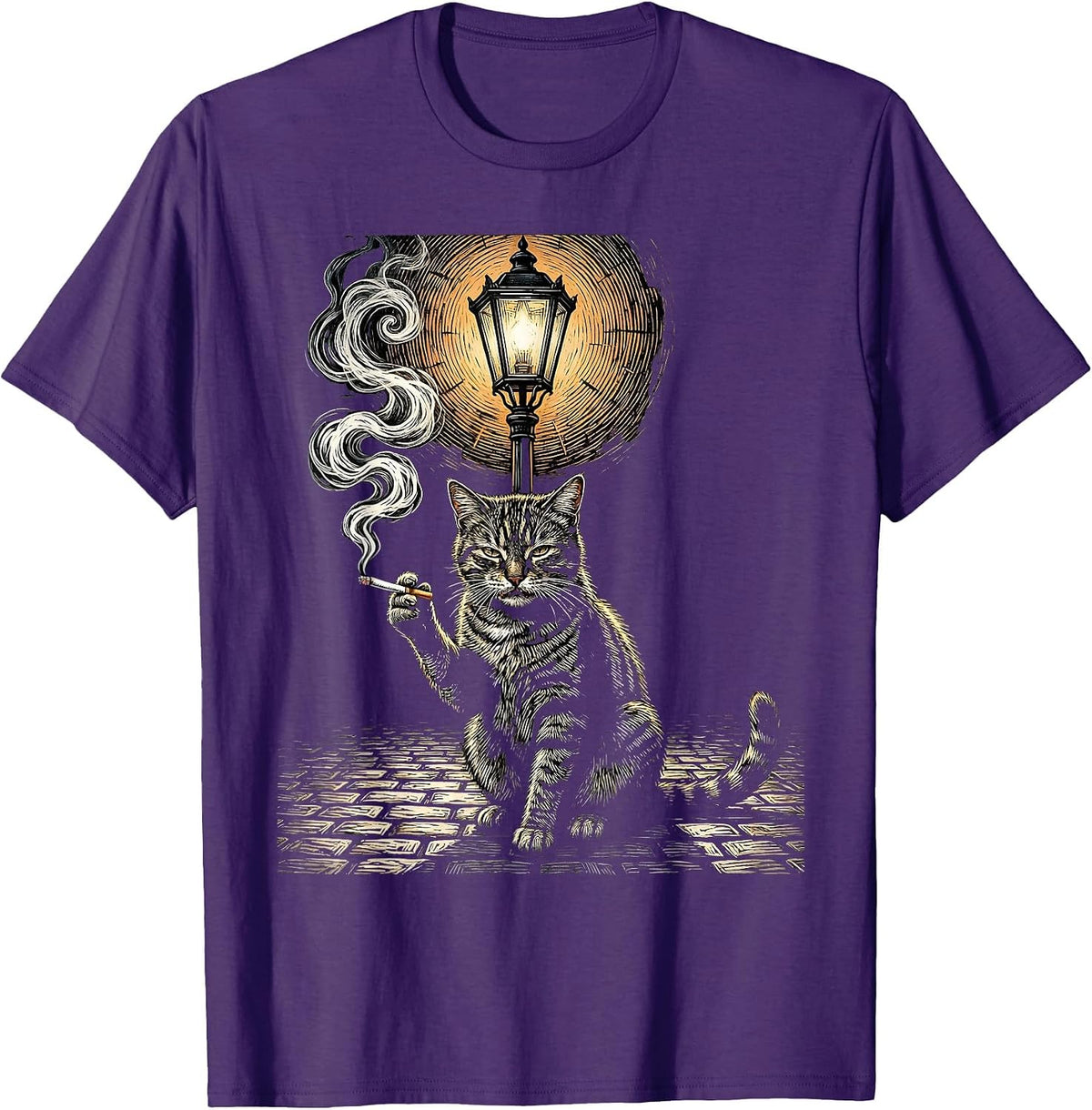 Men's Alley Cat Smoking Under Streetlamp Illustration T-Shirt - Purple