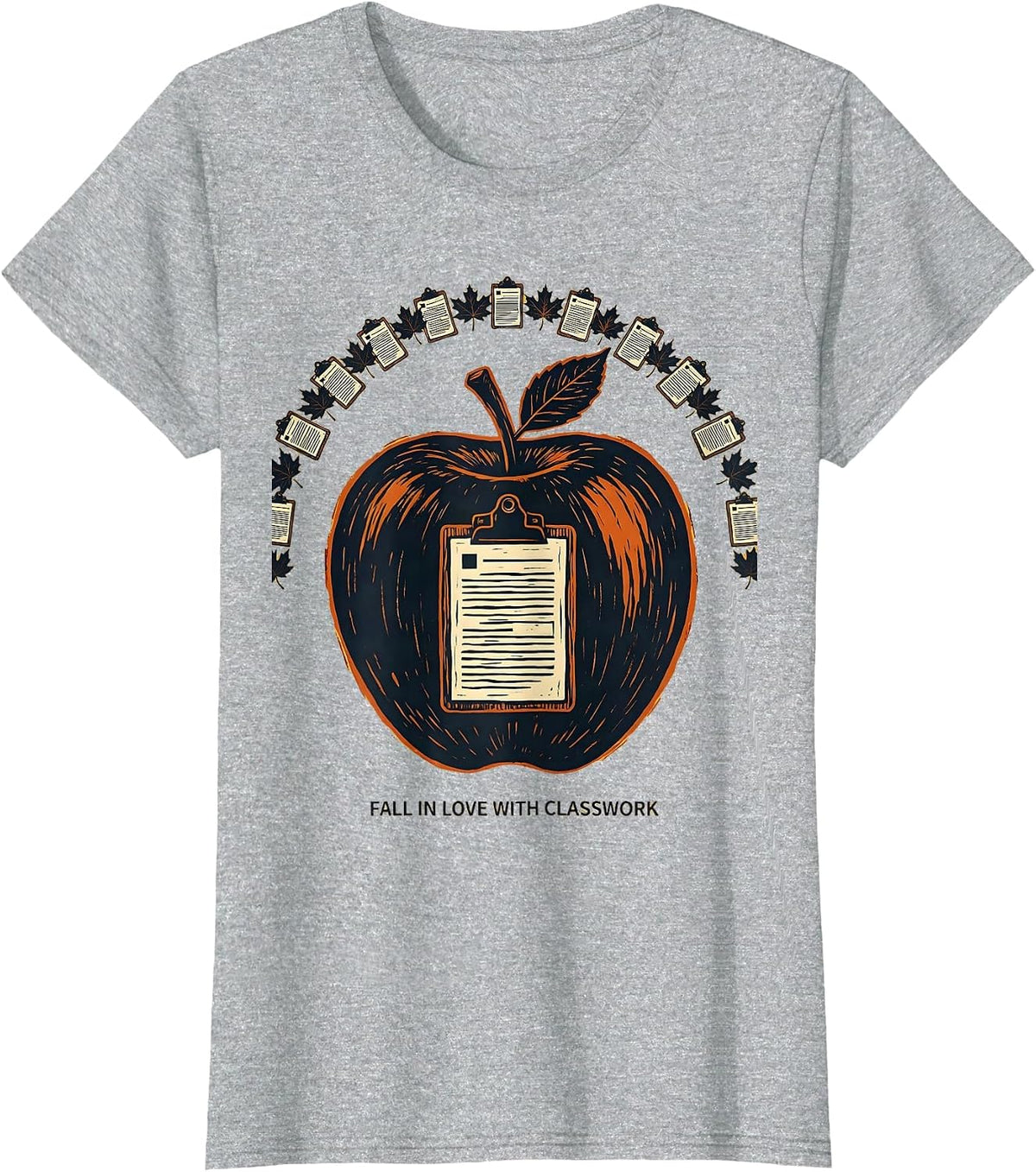 Fall In Love With Classwork Linocut Teacher Fall Festival T-Shirt - Heather Grey