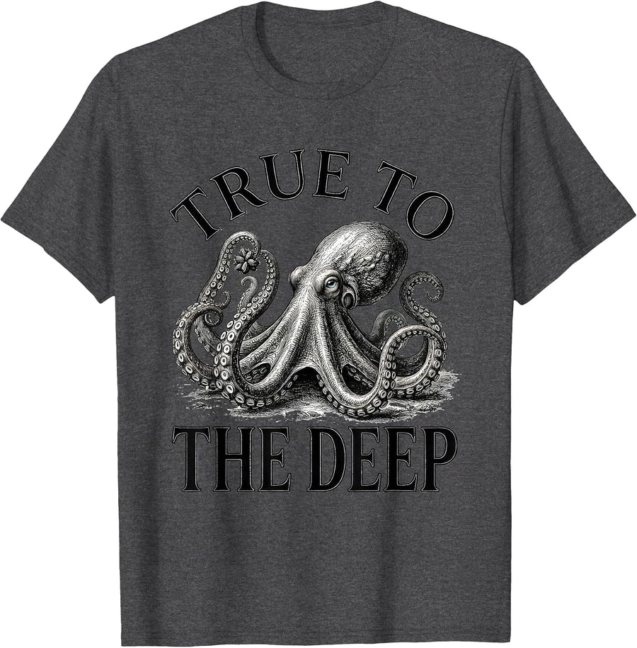 Men's True to the Deep Monochromatic Octopus Ocean Animal Lover T-Shirt - Dark Heather Grey