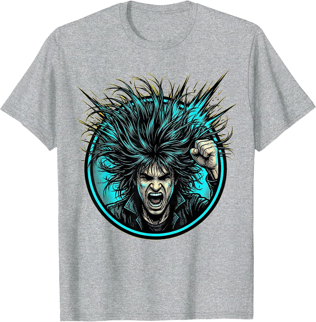 Men's Headbanging Rocker Wild Flying Hair Graphic T-Shirt - Heather Grey