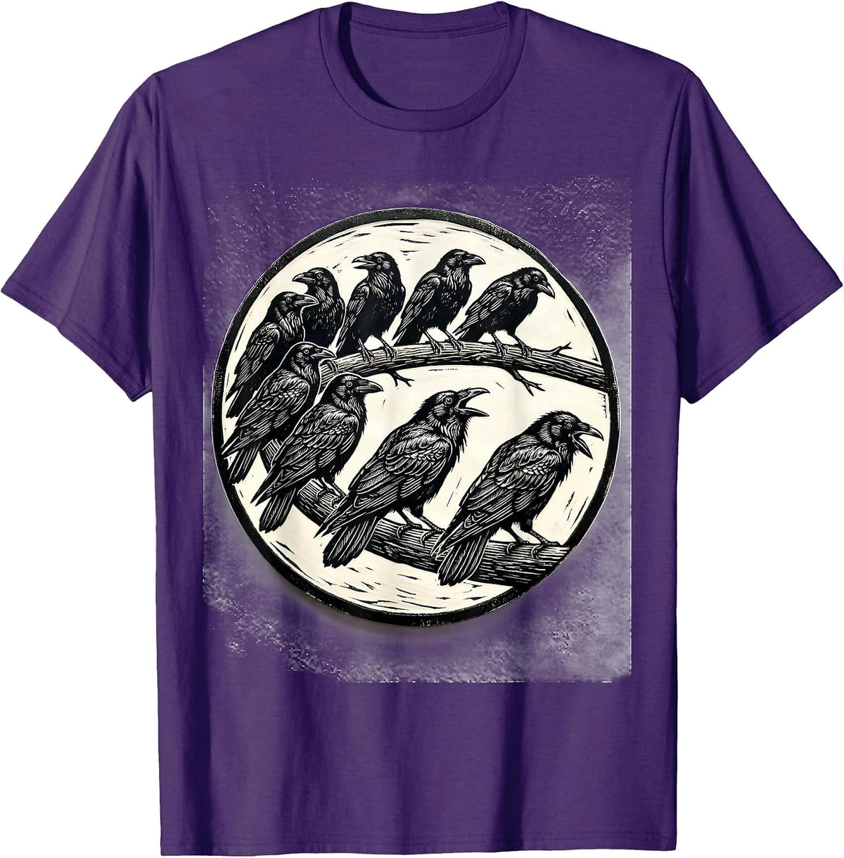 Men's Sealed Crow Woodcut Gothic Humor Novelty T-Shirt - Purple