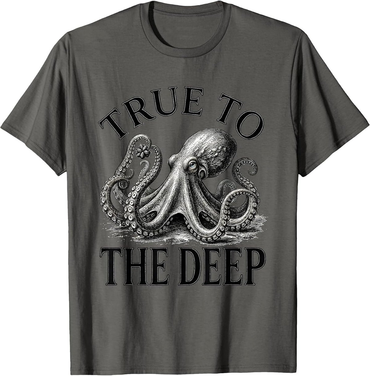 Men's True to the Deep Monochromatic Octopus Ocean Animal Lover T-Shirt - Asphalt Grey