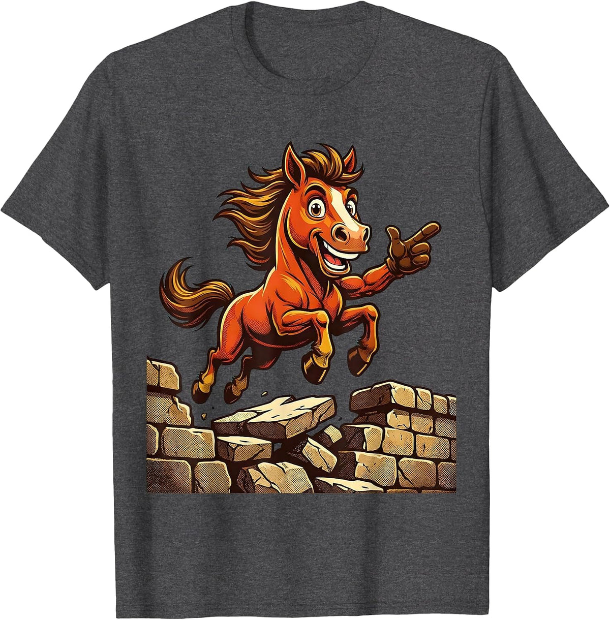 Horse Leaping Over Crumbling Stone Wall T-Shirt - Dark Heather Grey