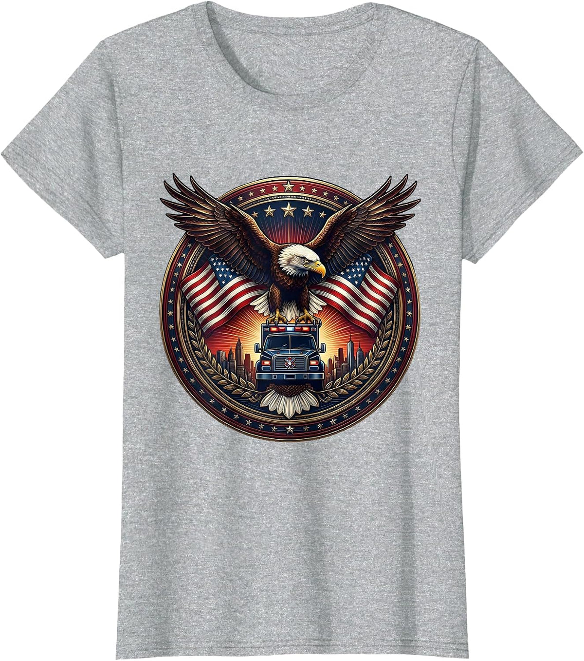 EMT Ambulance City Skyline Sunset Silhouette T-Shirt - Heather Grey