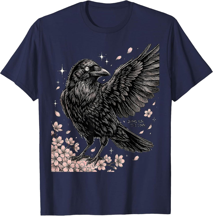 Crows Run This Town Bold Crow Graphic Design T-Shirt - Navy Blue