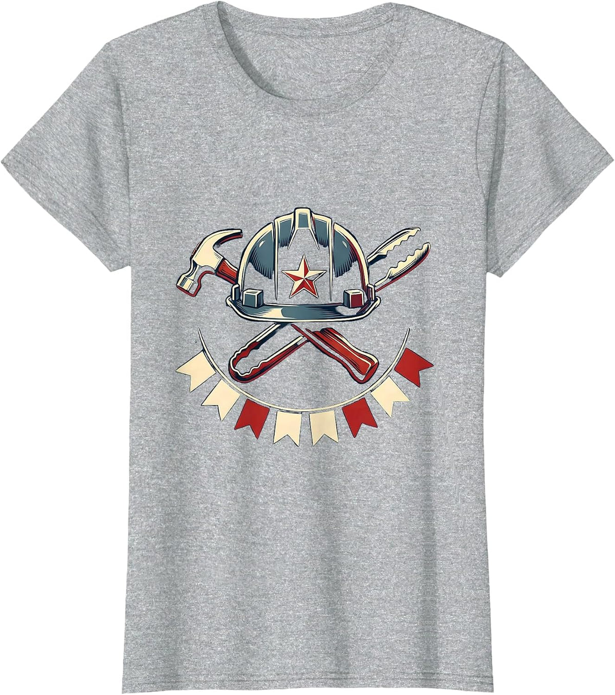 Labor Day Patriotic Emblem BBQ Worker Helmet Star T-Shirt - Heather Grey