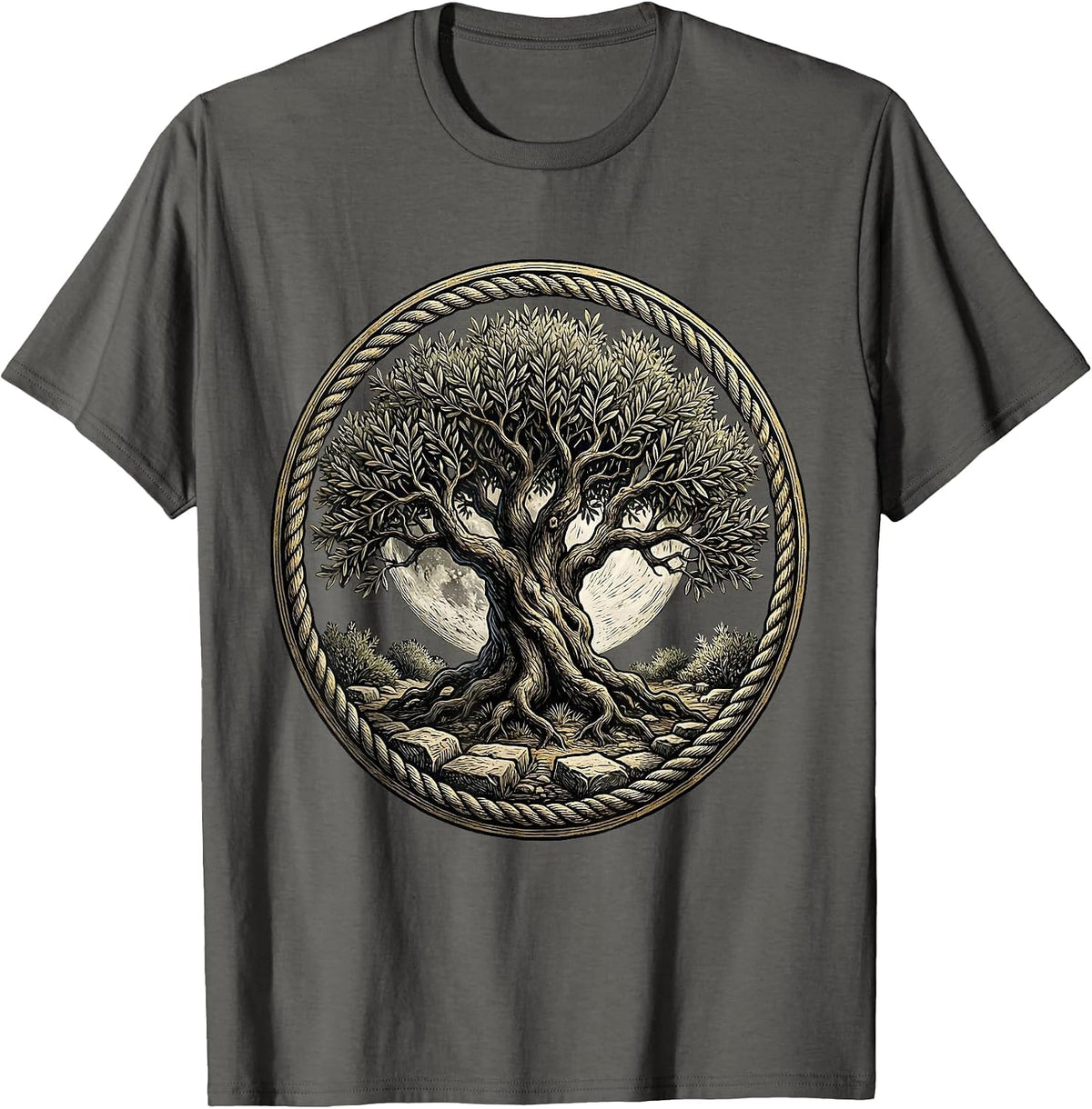 Olive Tree Moonlit Gethsemane Garden Jesus Art T-Shirt - Asphalt Grey