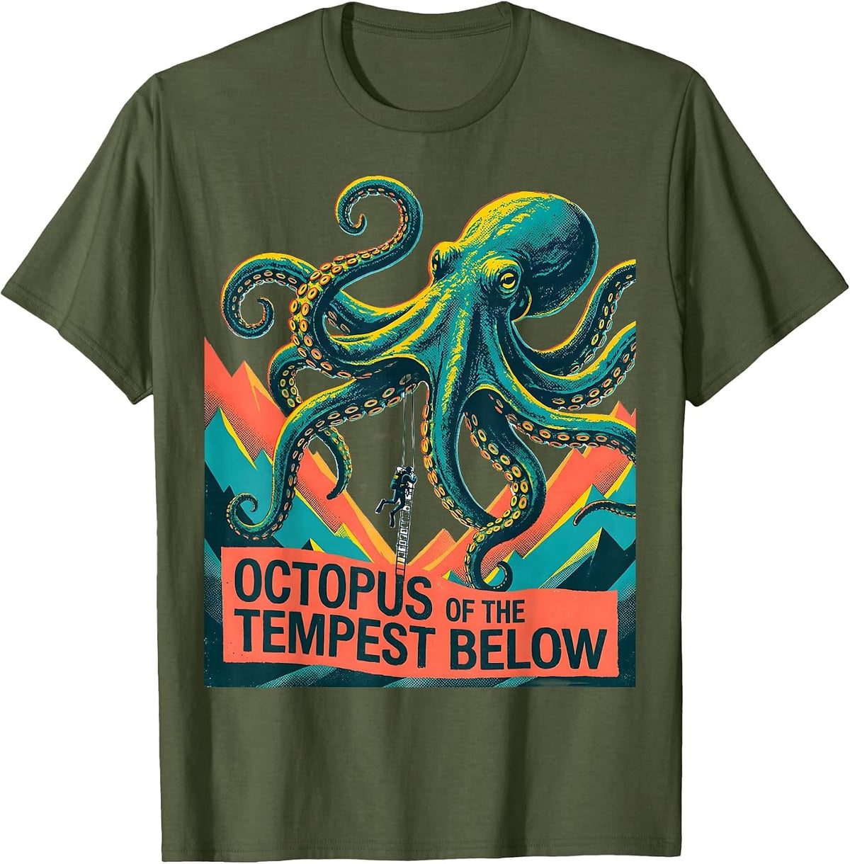 Men's Octopus of the Tempest Below Risograph Octopus Lover Ocean T-Shirt - Olive Green