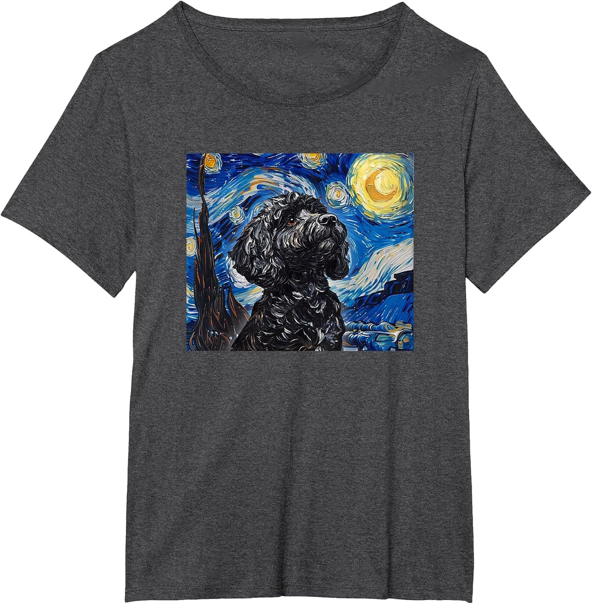 Cute Illustration Painting Starry Night Black Cockapoo Lover T-Shirt - Dark Heather Grey