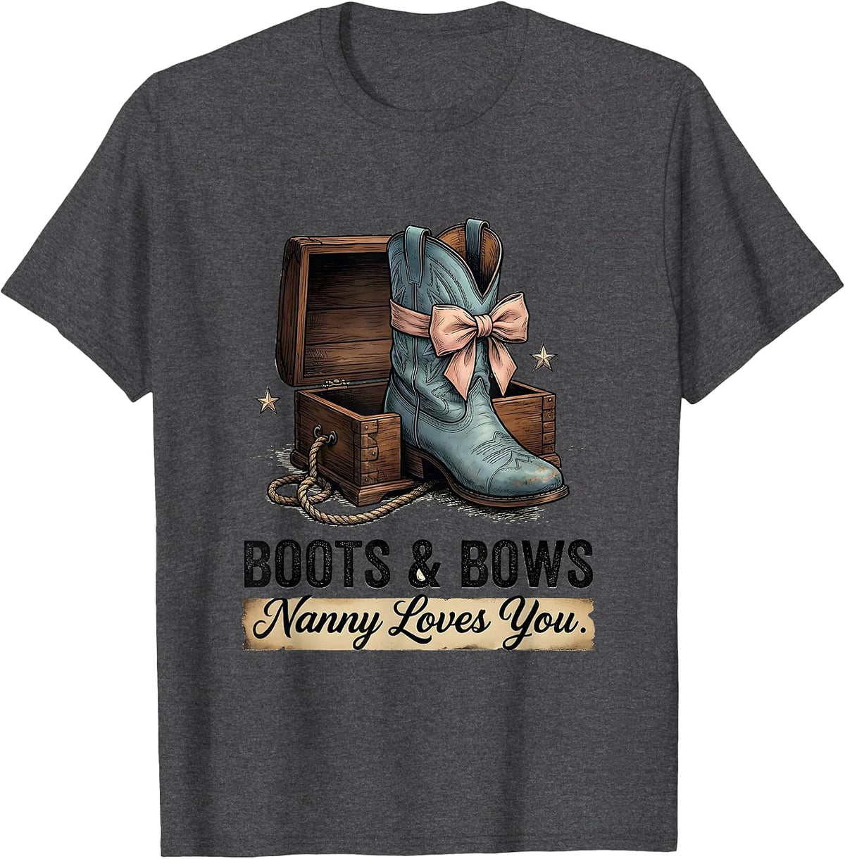 Boots & Bows Nanny Loves You Distressed Western Gender T-Shirt - Dark Heather Grey