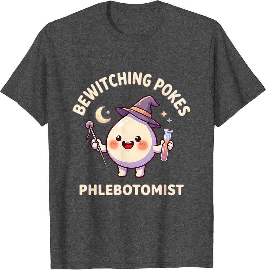 Men's Bewitching Pokes Phlebotomist Funny Nurse Halloween Hocus T-Shirt - Dark Heather Grey