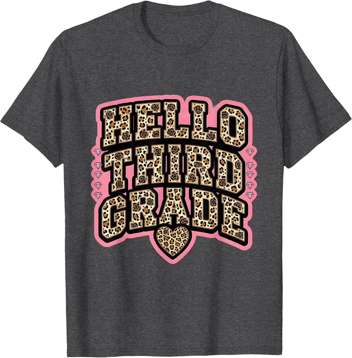 Hello Third Grade Sparkle Varsity Leopard Teacher Back T-Shirt - Dark Heather Grey