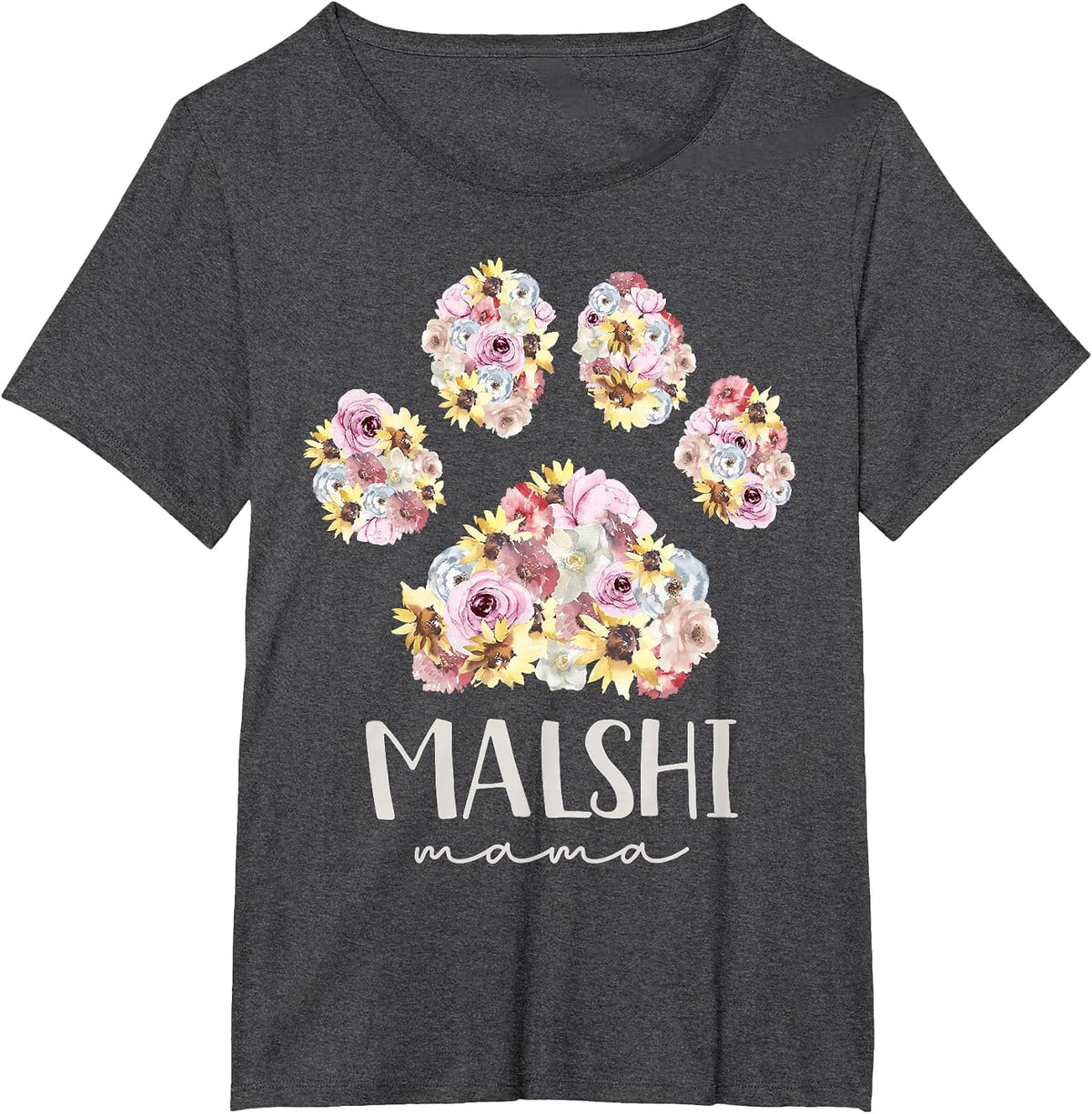 Malshi Mama Maltese Shih Tzu Floral Paw Dog Mom T-Shirt - Dark Heather Grey