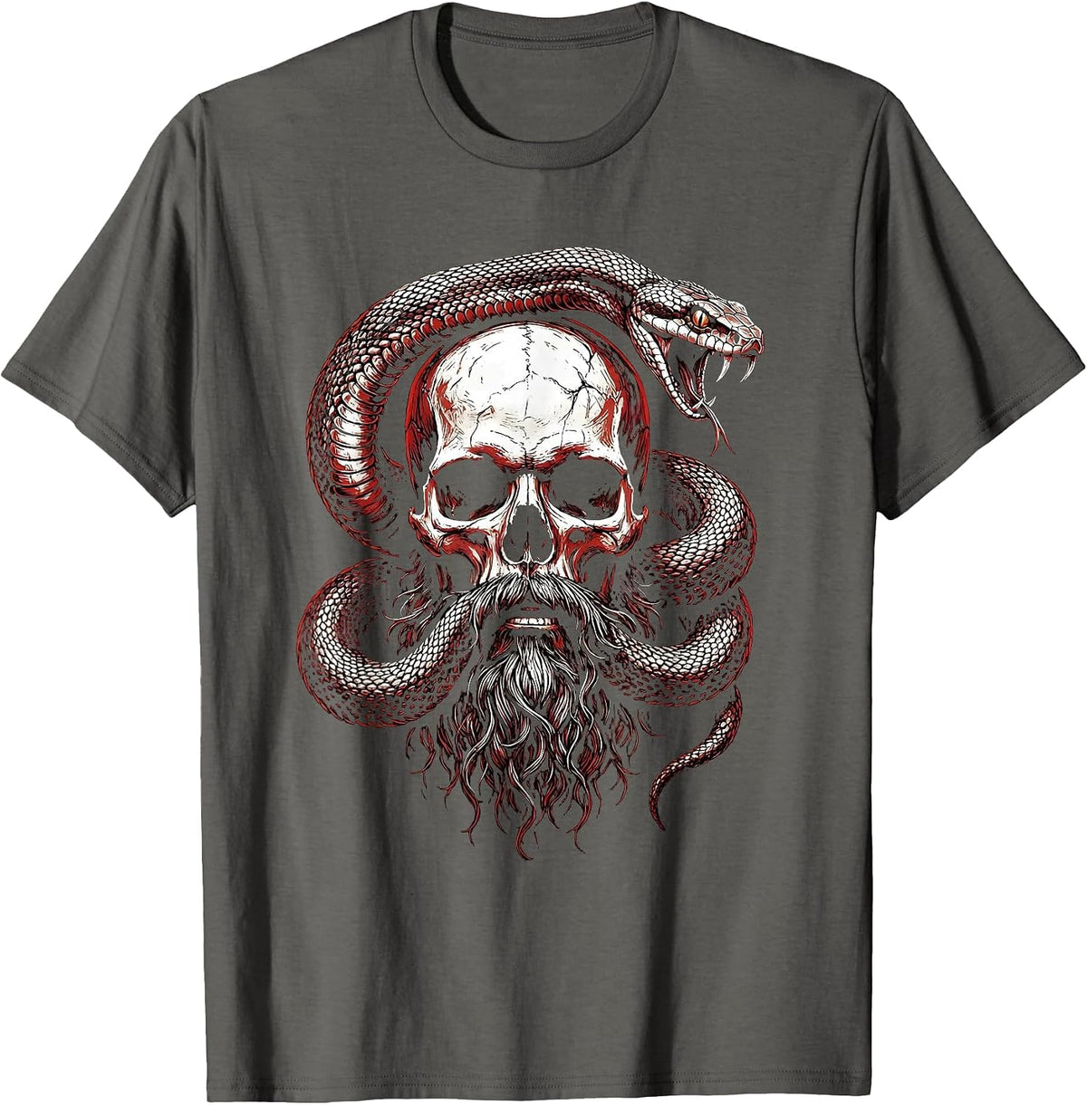 Bearded Skull Snake Coil Dark Horror Graphic T-Shirt - Asphalt Grey