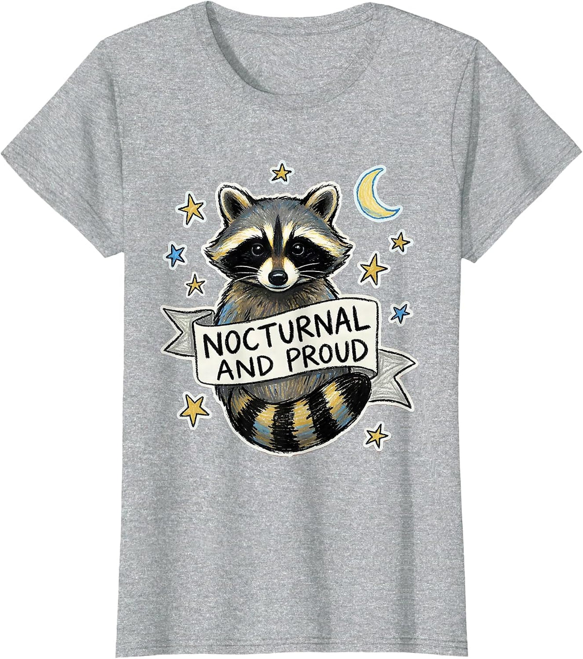 Nocturnal and Proud Raccoon Design T-Shirt - Heather Grey