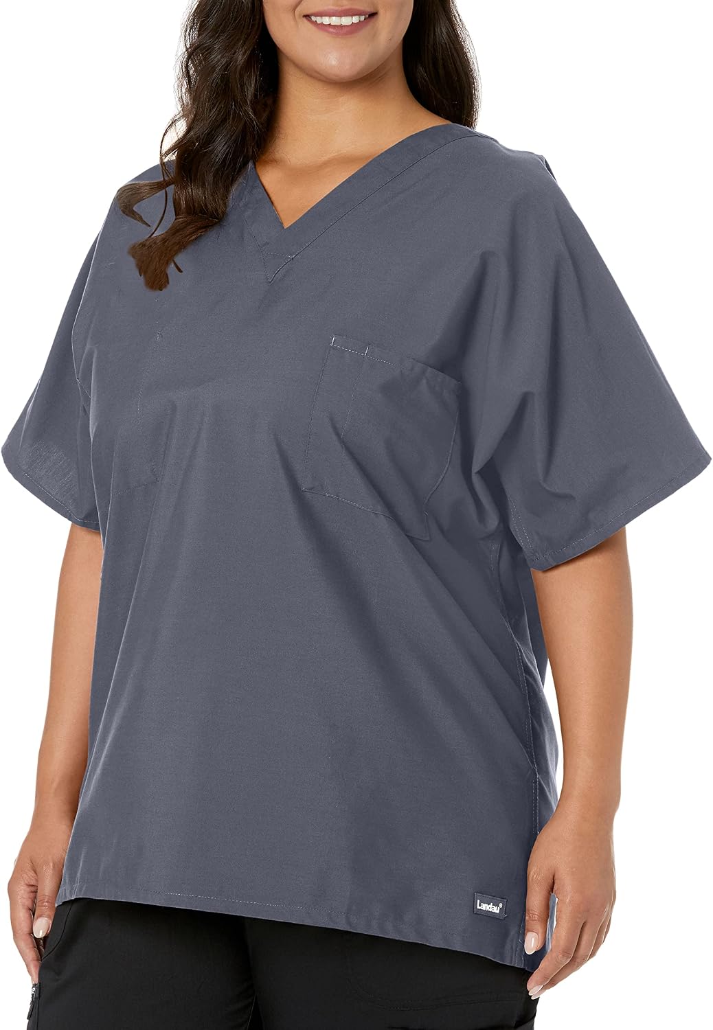 Landau Essentials Unisex Relaxed Fit 1-Pocket V-Neck Scrub Top 7502 Steel Grey - As Pictured