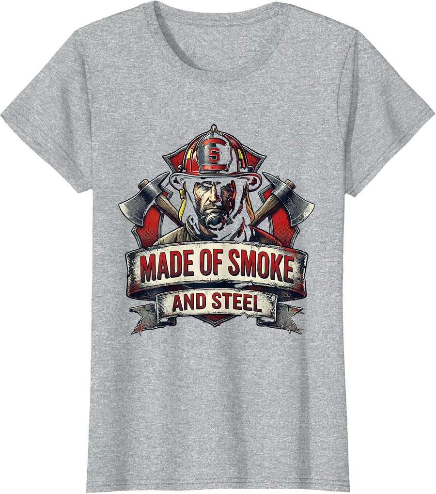 Made of Smoke and Steel Firefighter Design T-Shirt - Heather Grey