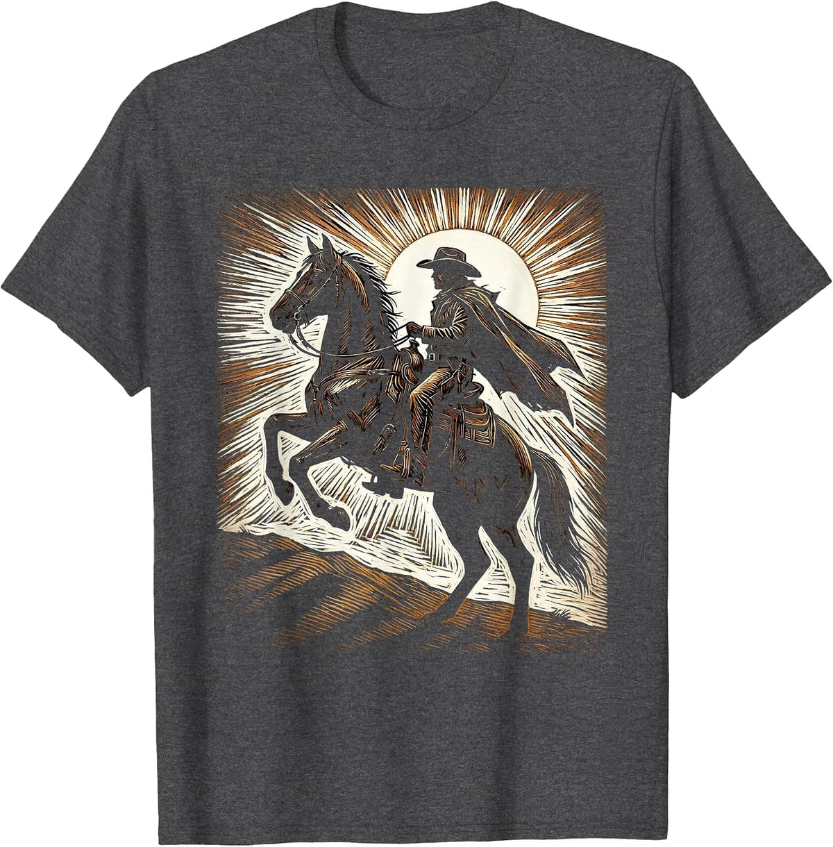 Cowboy Silhouette Sunset Horseback Riding Design T-Shirt - Dark Heather Grey
