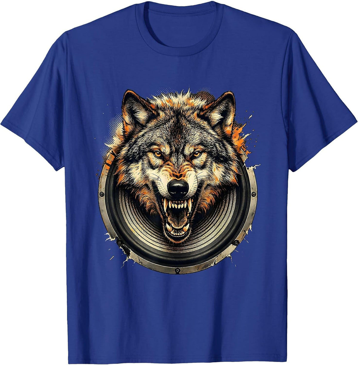 Men's Grunge Wolf Emerging From Speaker Static T-Shirt - Royal Blue