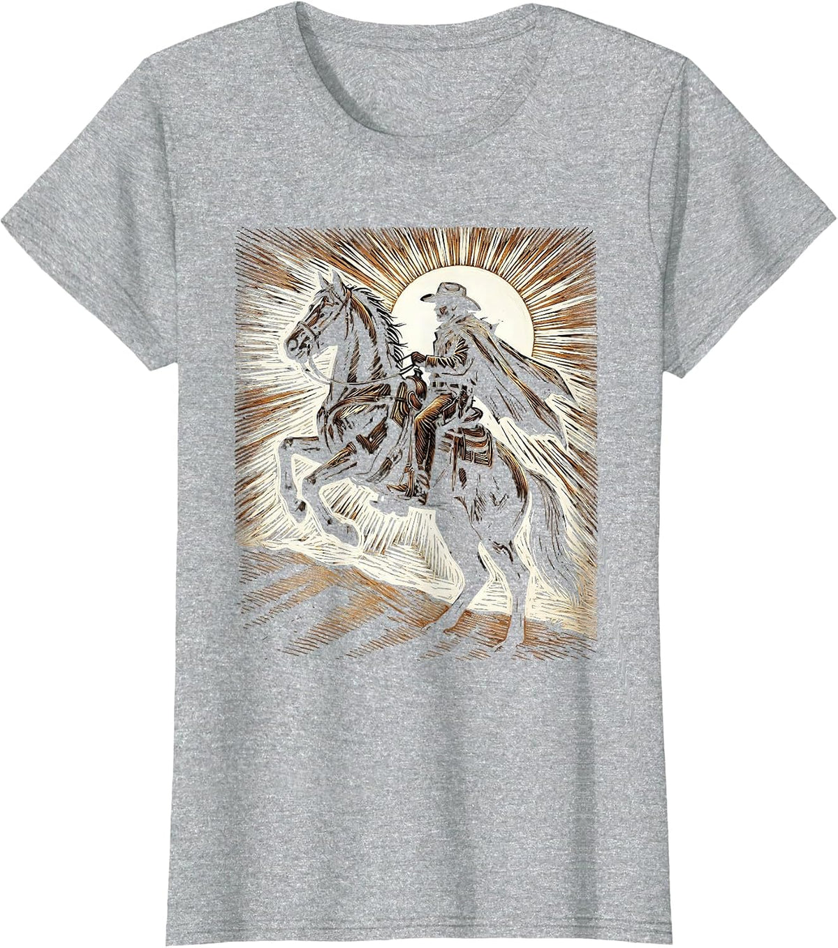 Cowboy Silhouette Sunset Horseback Riding Design T-Shirt - Heather Grey