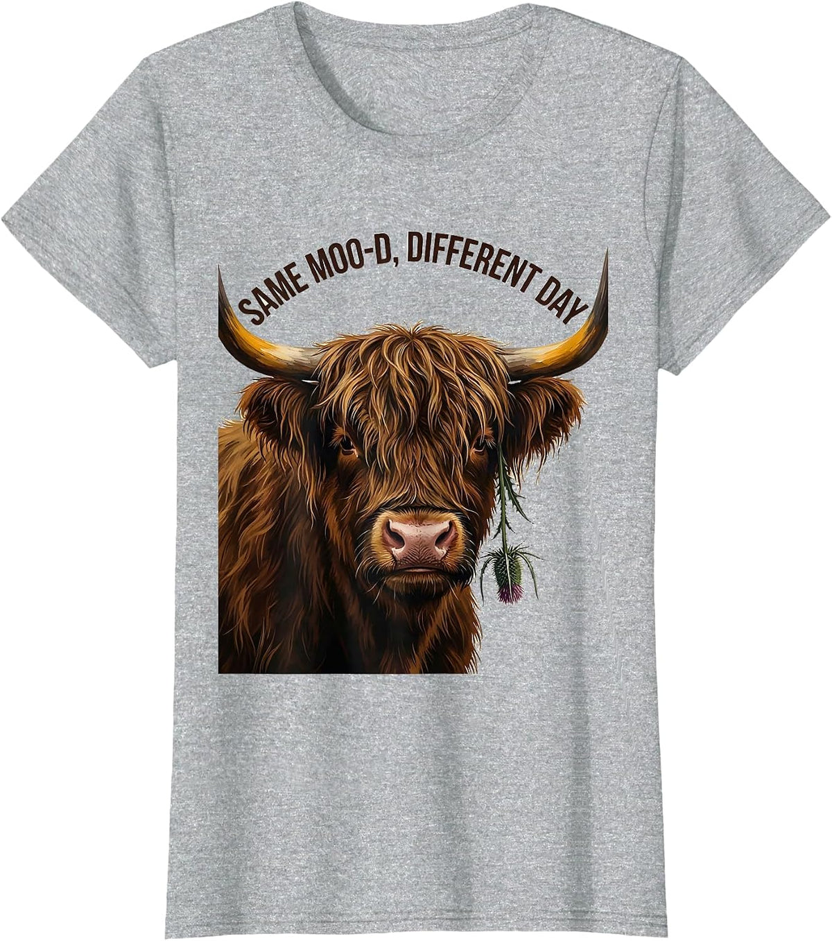 Women's Same Moo-D, Different Day Funny Highland Cow Farm Animal T-Shirt - Heather Grey