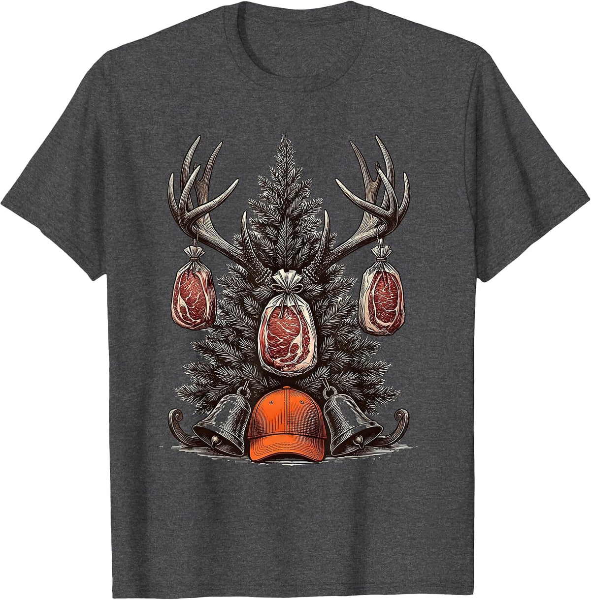 Antler Rack Christmas Tree Hunter Humor Gift T-Shirt - Dark Heather Grey