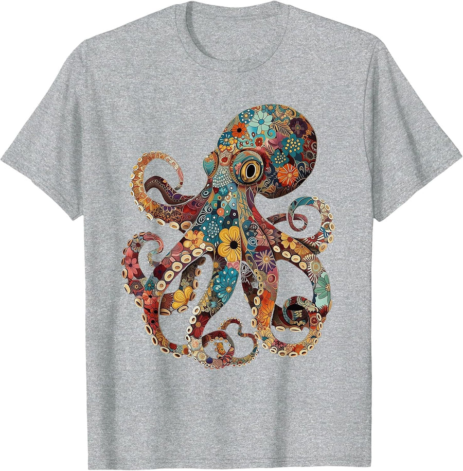 Octopus Floral Vintage Flowers T-Shirt Squid Kraken Scuba Diving Tees for Men Women - Heather Grey