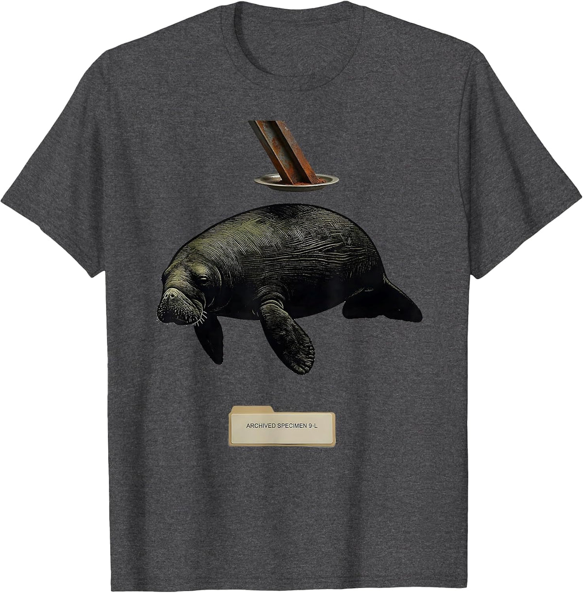 Men's Archived Specimen 9-L Funny Manatee Alien UFO Meme Humor T-Shirt - Dark Heather Grey