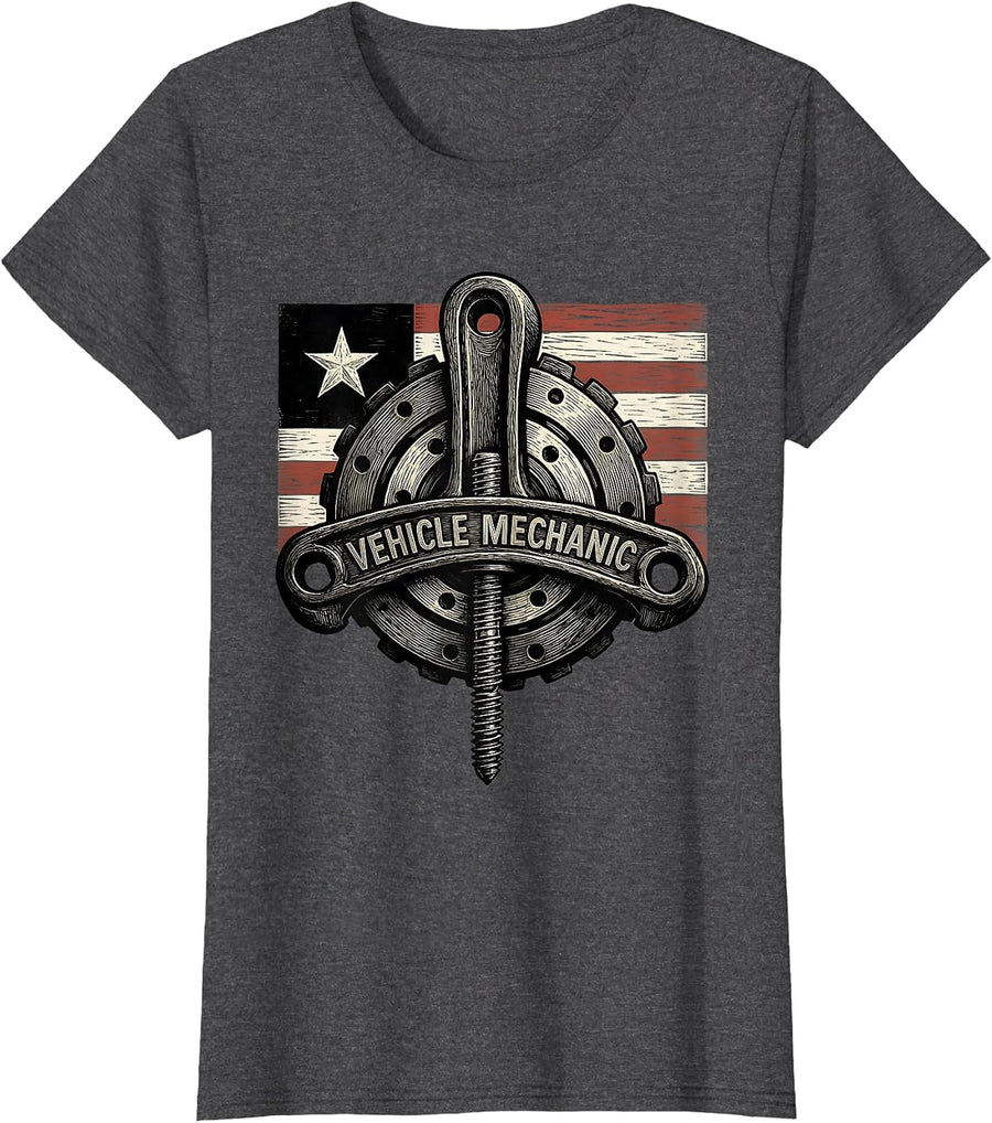 Women's Vehicle Mechanic Woodcut Engraving Patriotic Mechanic Gift T-Shirt - Dark Heather Grey