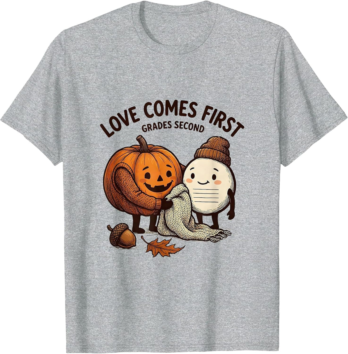 Men's Love Comes First Grades Second Autumn Teacher Classroom T-Shirt - Heather Grey