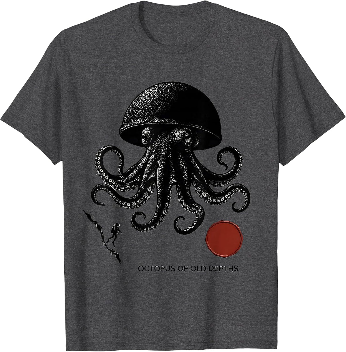 Octopus of Old Depths Blackwork Dotwork Ocean Animal Lover T-Shirt - Dark Heather Grey