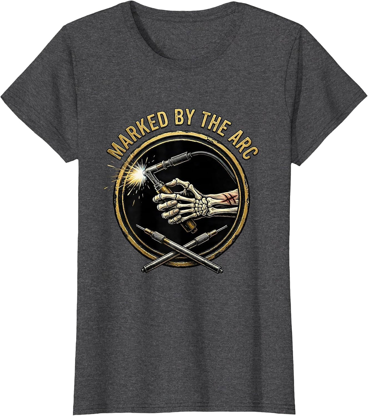 Women's Marked By The Arc Skeleton Welder Tradesman Humor T-Shirt - Dark Heather Grey