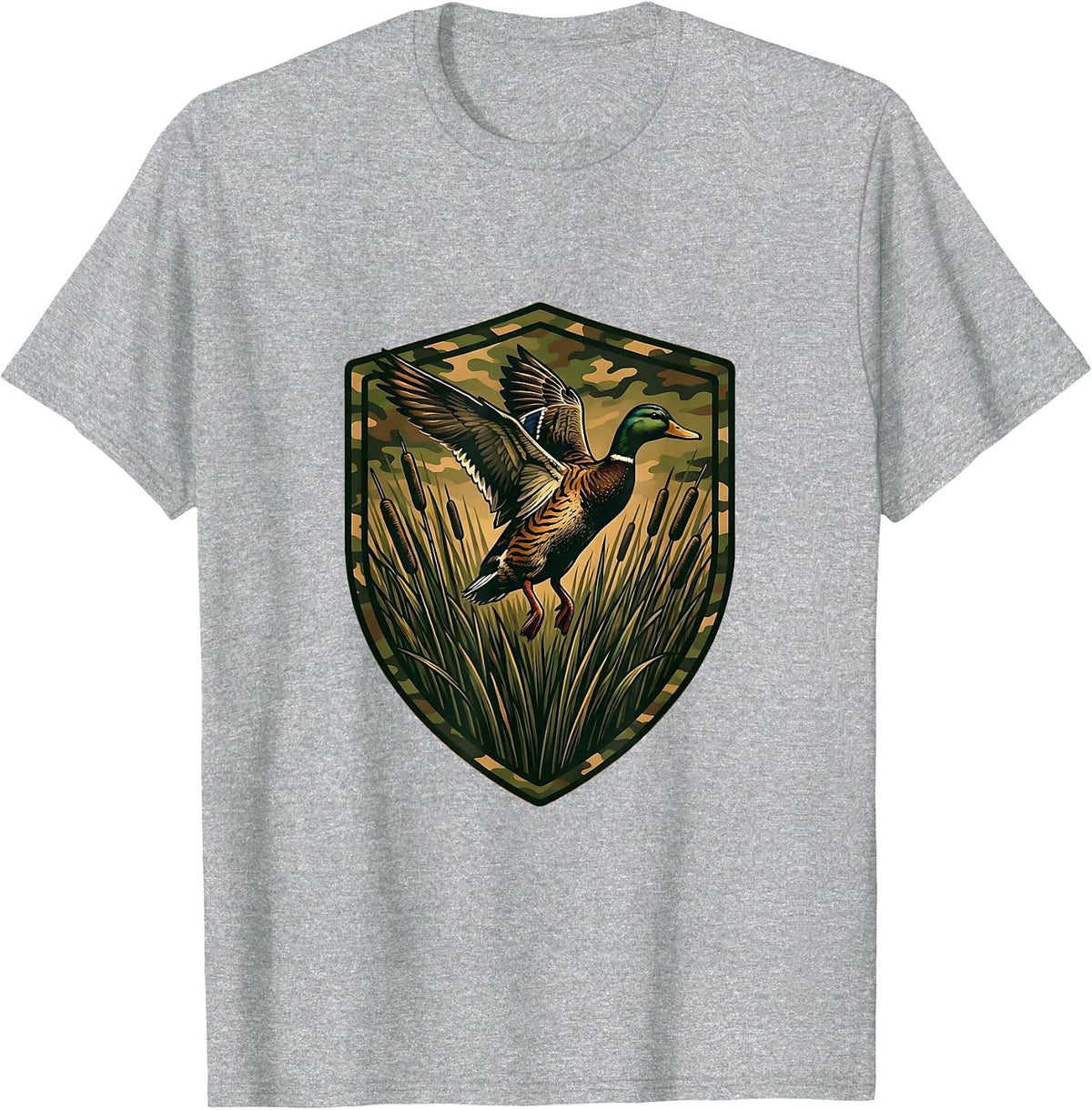 Men's Camo Duck Hunter Emerging From Reeds Illustration T-Shirt - Heather Grey