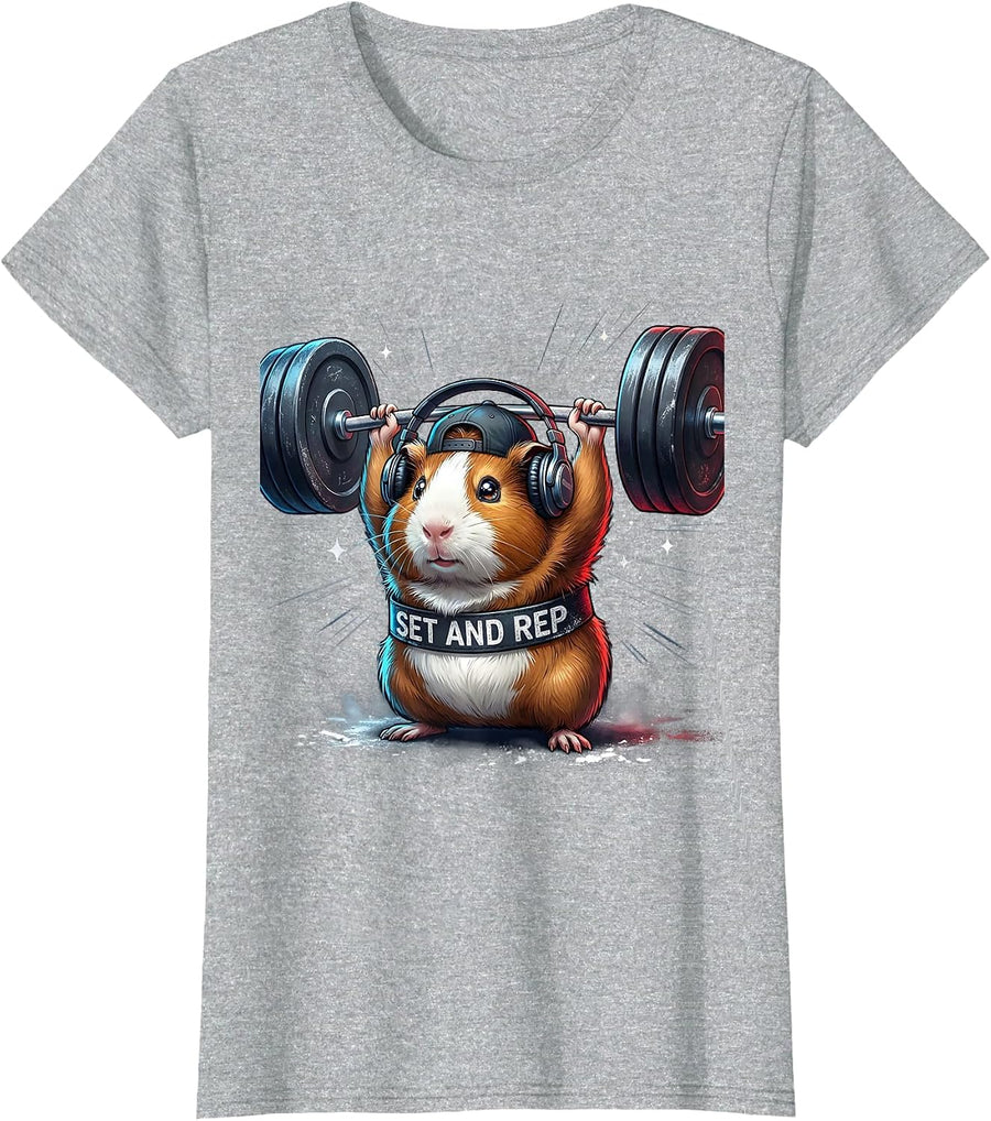 Set And Rep Anime Guinea Pig Weightlifting Gym Humor T-Shirt - Heather Grey