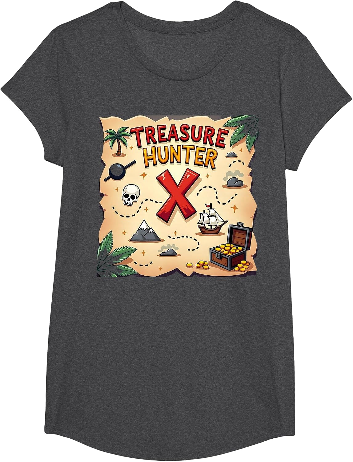 Mademark Hunting & Deer T-Shirt - Girls Dark Heather Grey-kids Pirate Treasure Hunter Adventure Map Skull Ship Gold