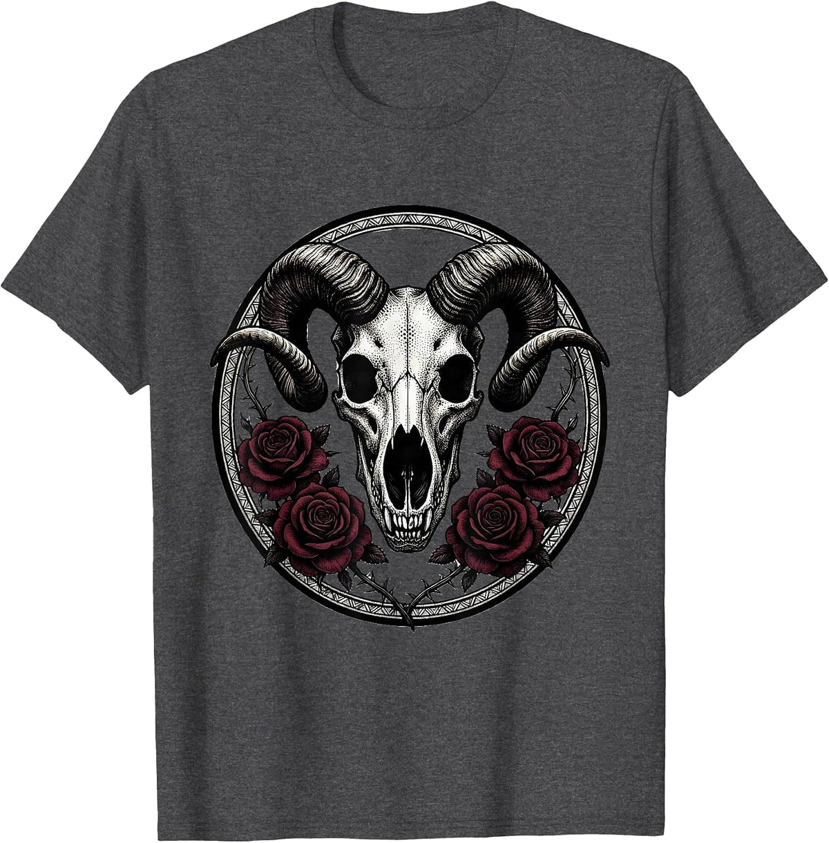 Wolf Skull Ram Horns Roses Halloween Graphic T-Shirt - Dark Heather Grey