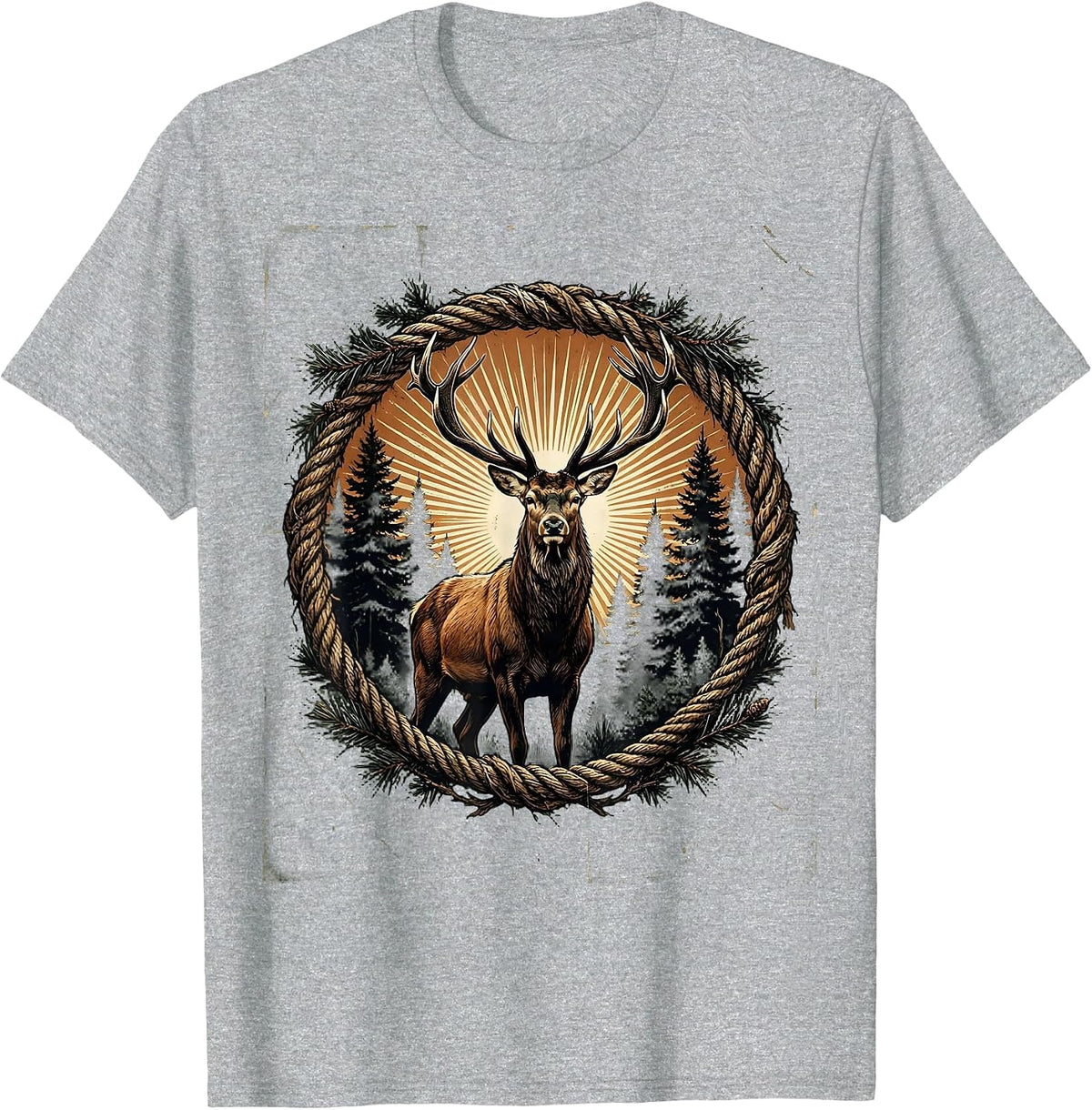 Men's Buck in Misty Forest Clearing Hunting Graphic T-Shirt - Heather Grey