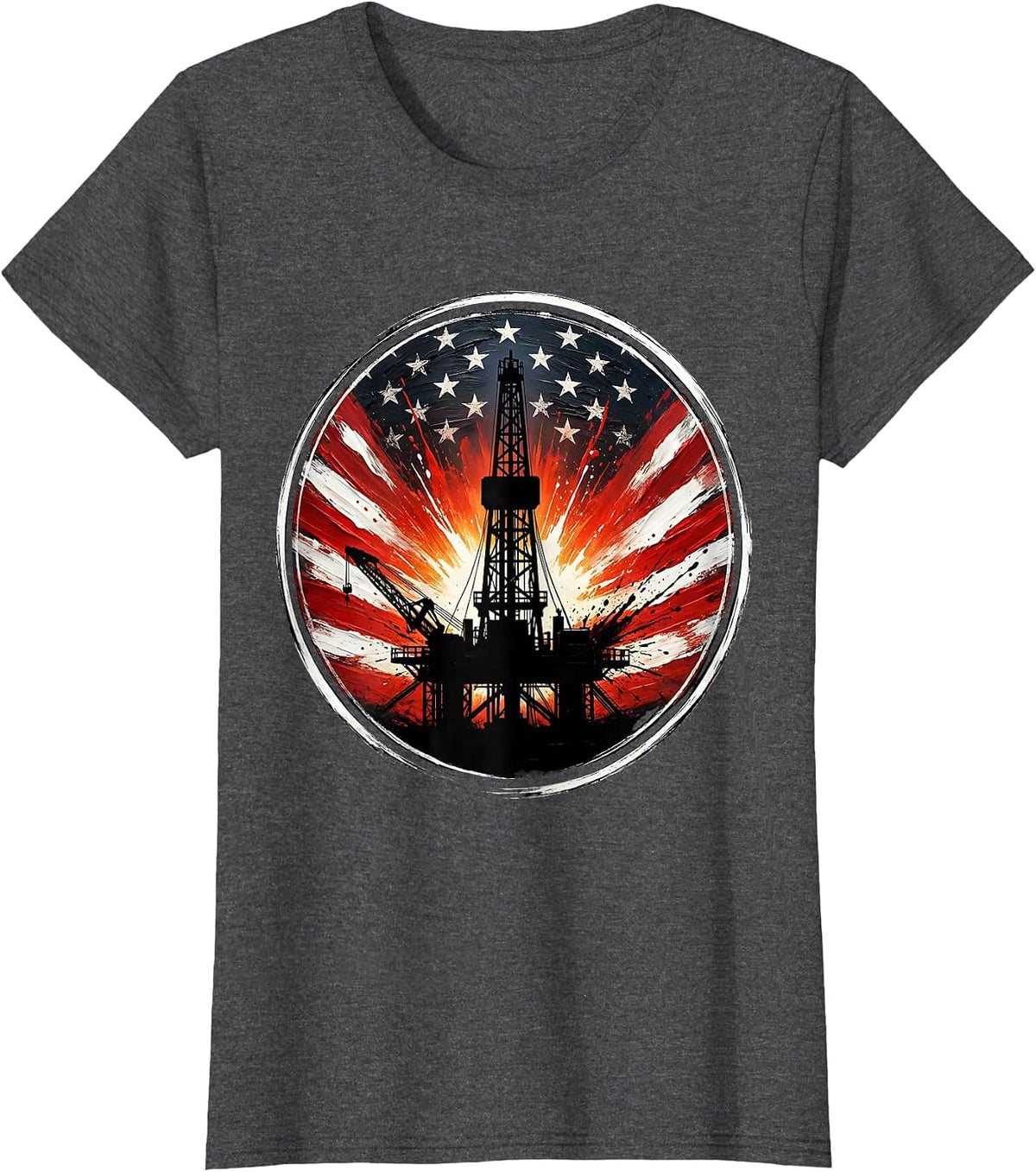 Women's Oil Rig Sunset Silhouette Graphic Design T-Shirt - Dark Heather Grey