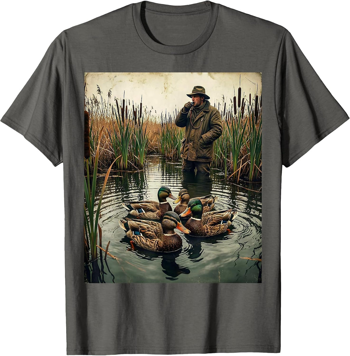 Men's Duck Hunter Calling With Decoys Graphic T-Shirt - Asphalt Grey