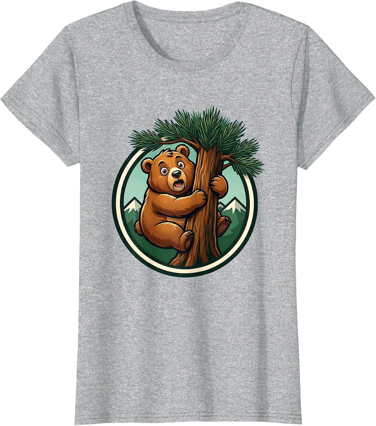Bear Cub Climbing Pine Tree Nature Illustration T-Shirt - Heather Grey