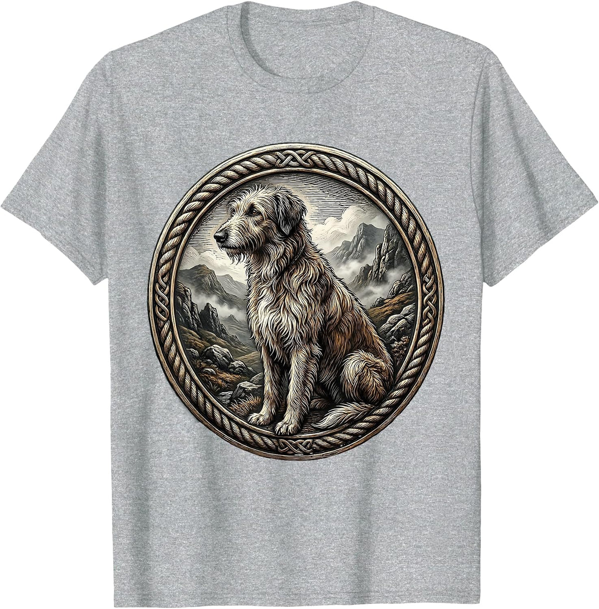 Men's Irish Wolfhound in Misty Landscape Illustration T-Shirt - Heather Grey