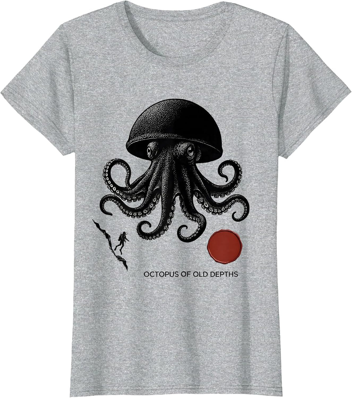 Octopus of Old Depths Blackwork Dotwork Ocean Animal Lover T-Shirt - Heather Grey