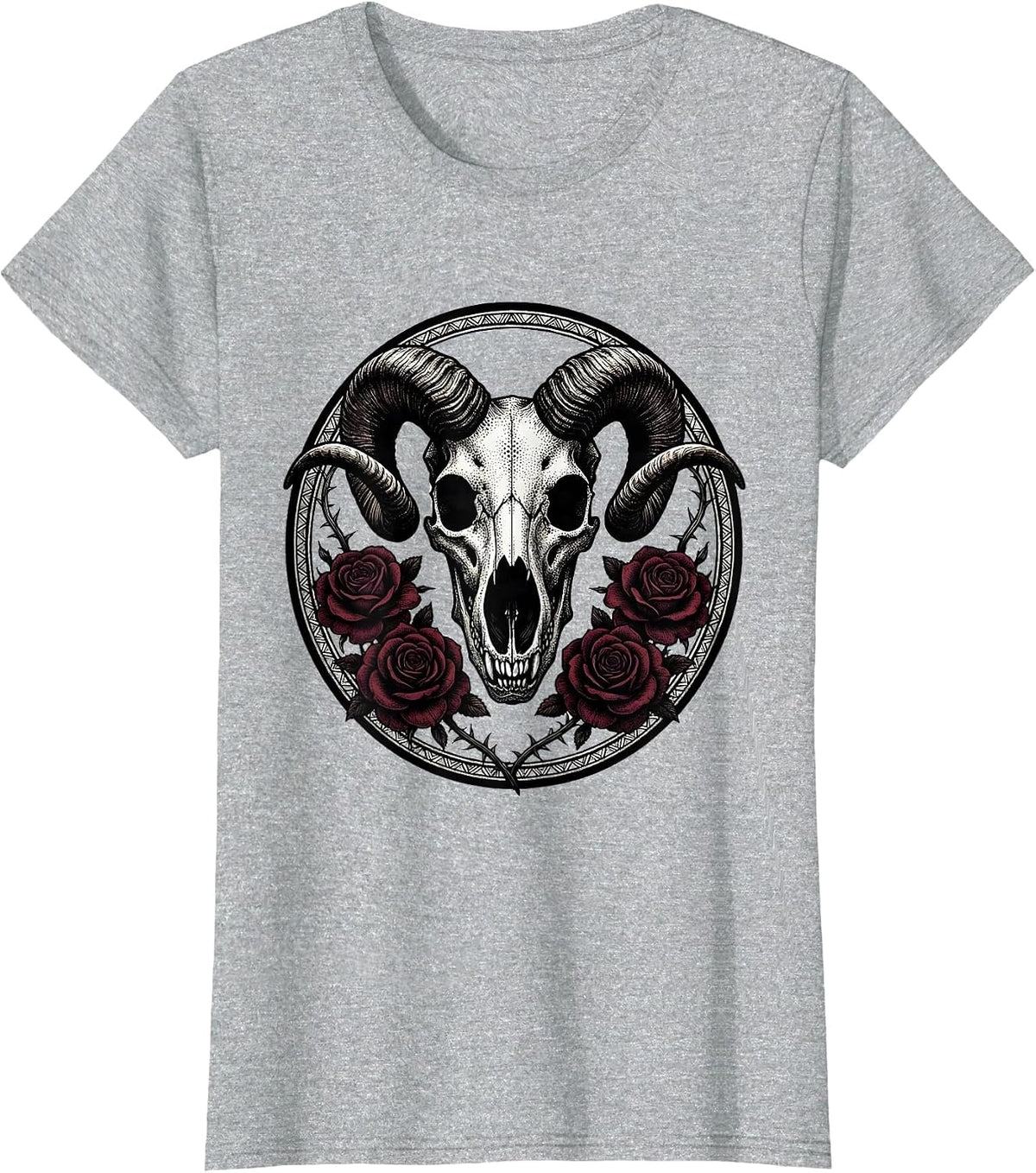 Wolf Skull Ram Horns Roses Halloween Graphic T-Shirt - Heather Grey